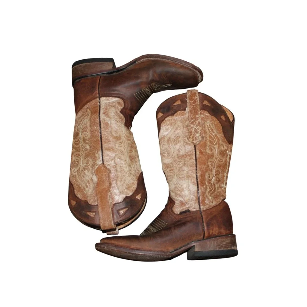 Botas Doble R Embroidered Western Cowboy Boots Kids Size 3.5 Brown Tan